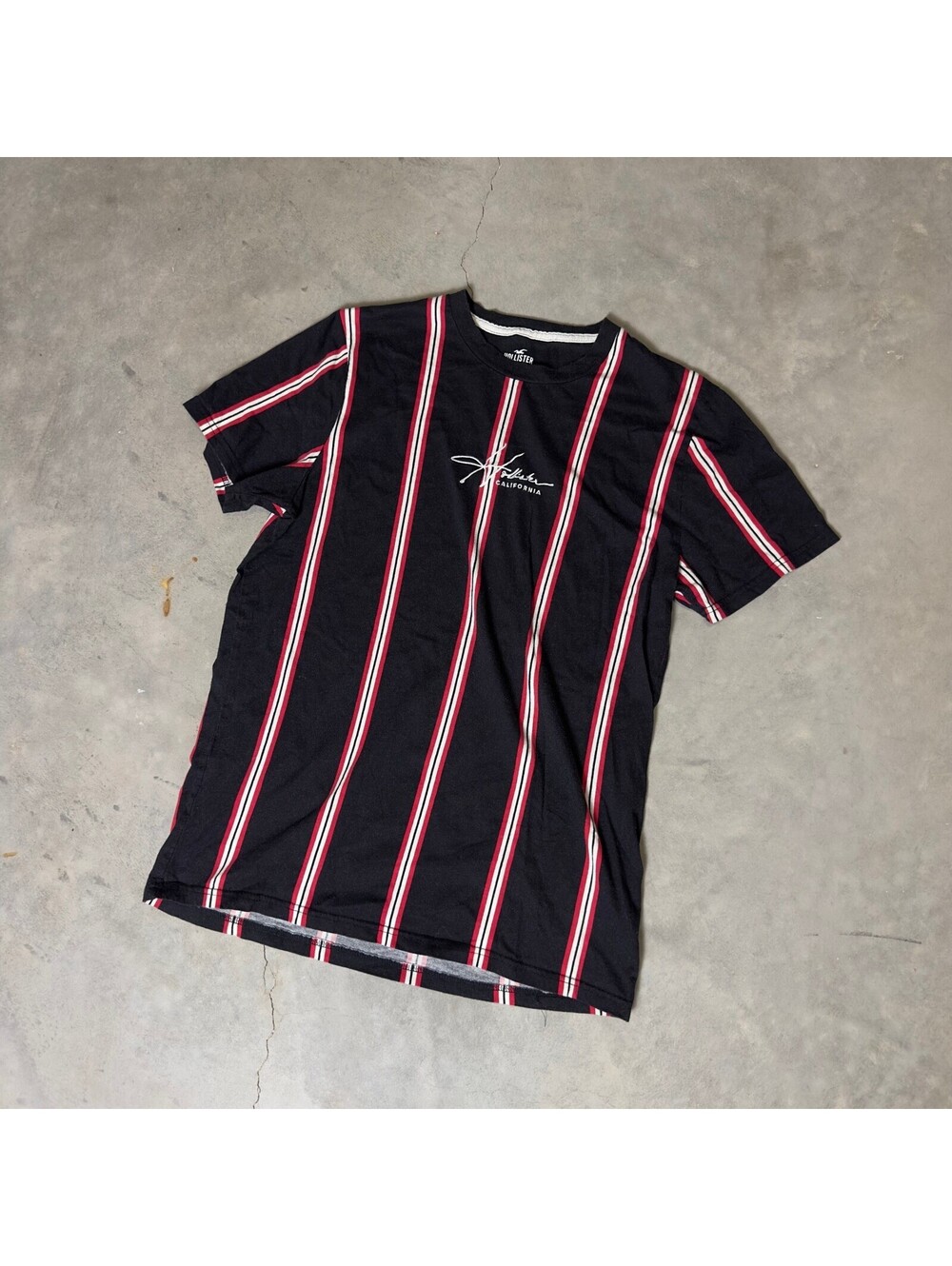 Hollister Striped T-Shirt Mens L Black Red White Surf Y2K